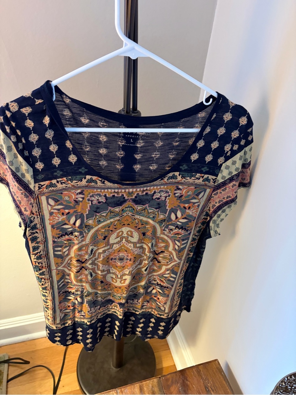 Lucky Brand Black Short Sleeve Medallion Print Top